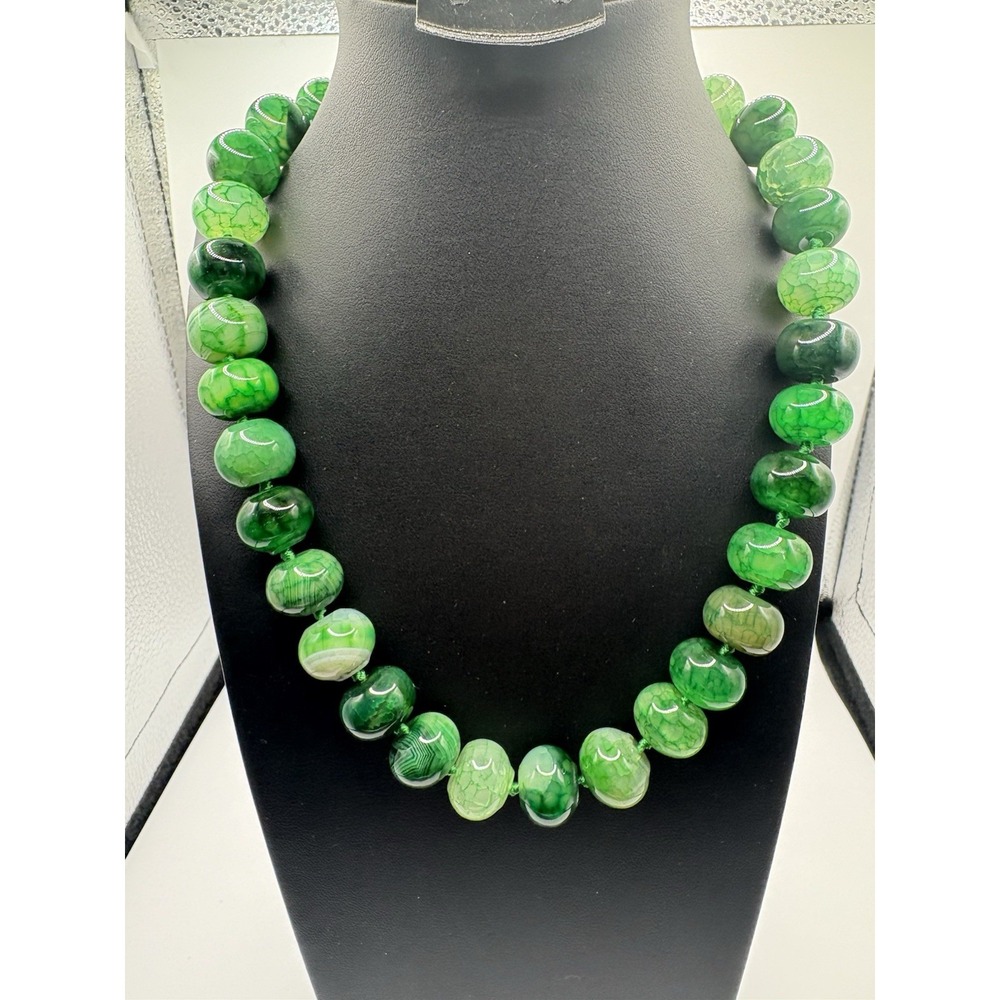 Green Agate Stone Bead Necklace Sterling Silver 18" Marked LUC‎ 925 CN